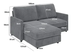 Sofá de esquina de 2 salas - ángulo reversible derecho / izquierda - 180x140x86cm - en tela de terciopelo acanalado - carga máxima de 300 kg - gris antracita