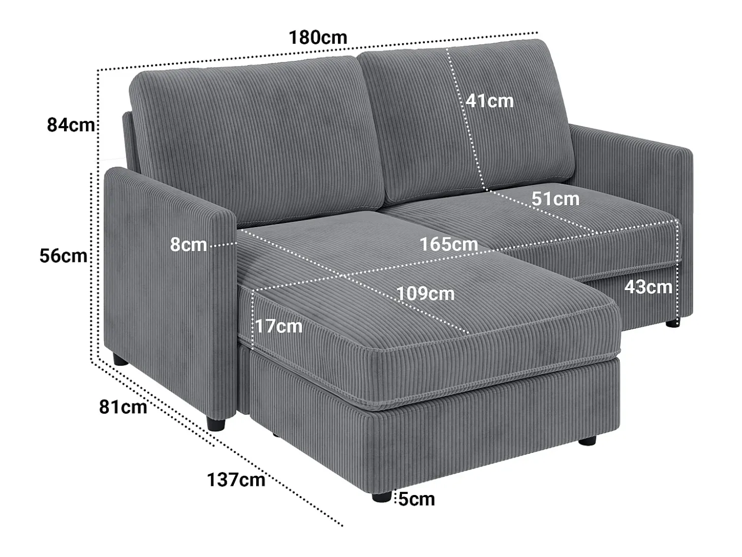 Sofá de esquina de 2 salas - ángulo reversible derecho / izquierda - 180x140x86cm - en tela de terciopelo acanalado - carga máxima de 300 kg - gris antracita