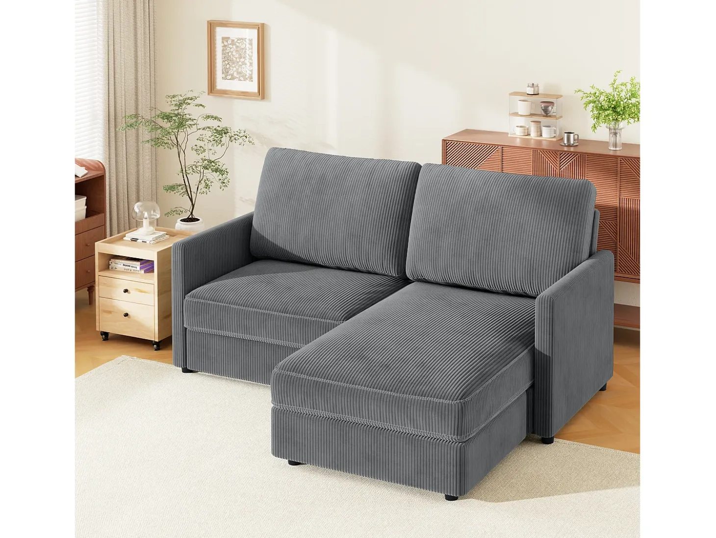 Sofá de esquina de 2 salas - ángulo reversible derecho / izquierda - 180x140x86cm - en tela de terciopelo acanalado - carga máxima de 300 kg - gris antracita