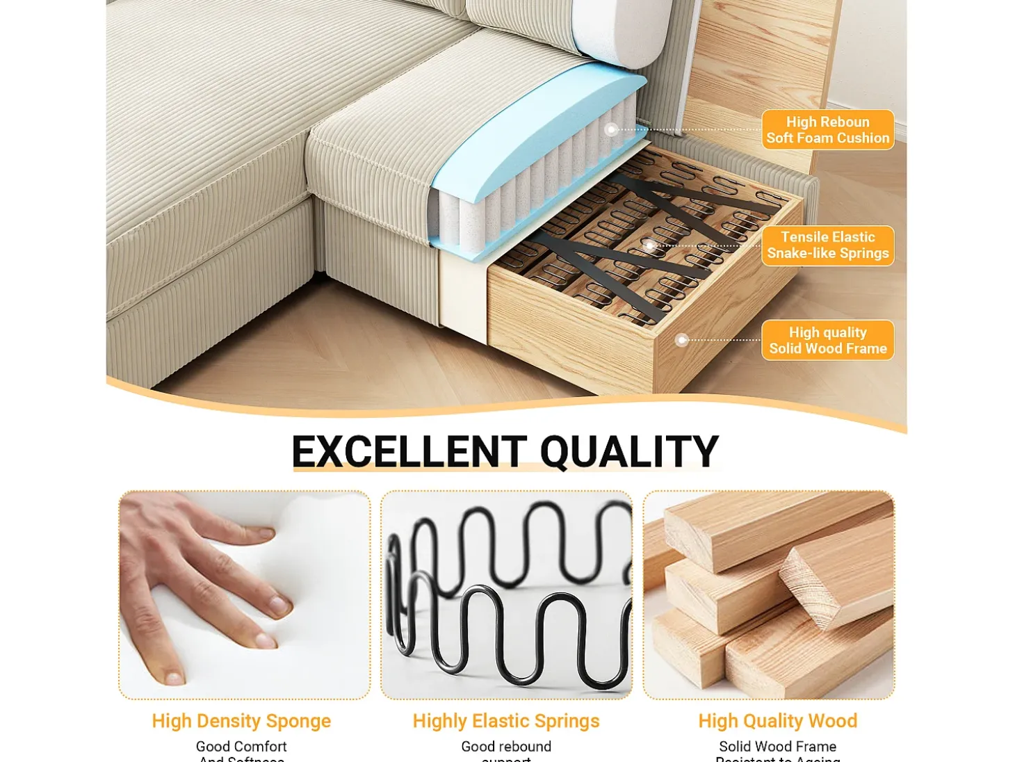 Sofá de esquina de 2 salas - ángulo reversible derecho / izquierda - 180x140x86cm - en tela de terciopelo acanalado - carga máxima de 300 kg - beige