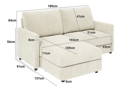 Sofá de esquina de 2 salas - ángulo reversible derecho / izquierda - 180x140x86cm - en tela de terciopelo acanalado - carga máxima de 300 kg - beige