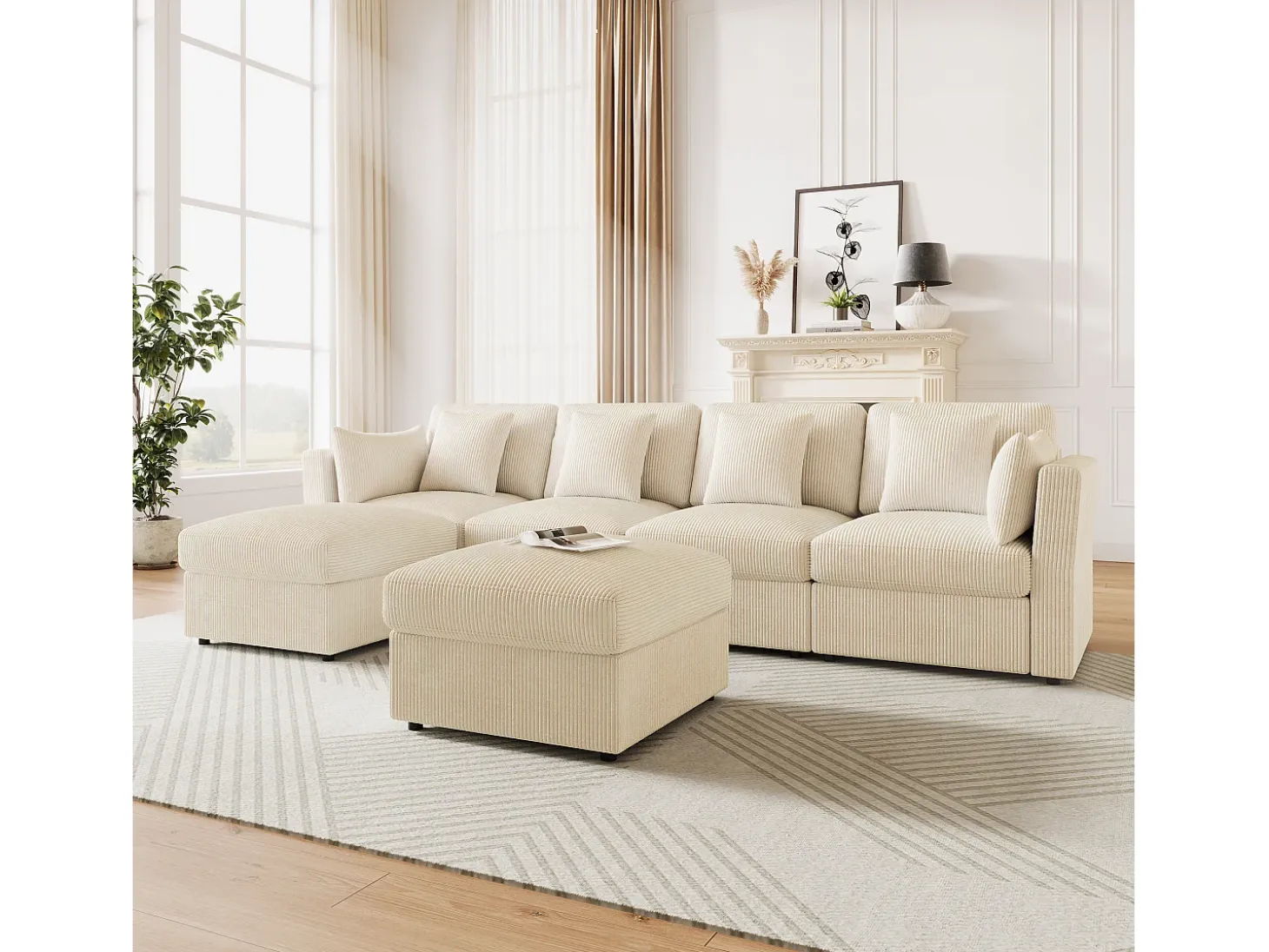 Sofá de esquina en forma de U - 6 plazas - con reposabrazos ajustables - con reposapiés desmontable - Pana acanalada - beige