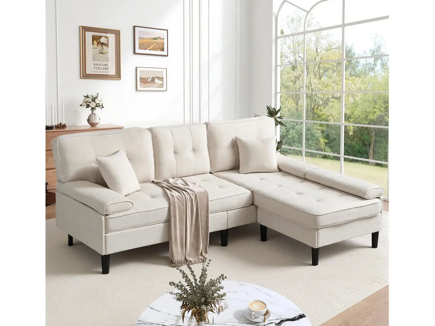 Sofá de esquina en L 3 plazas - con 2 cojines - Pouf removible - Tela chenille - Beige