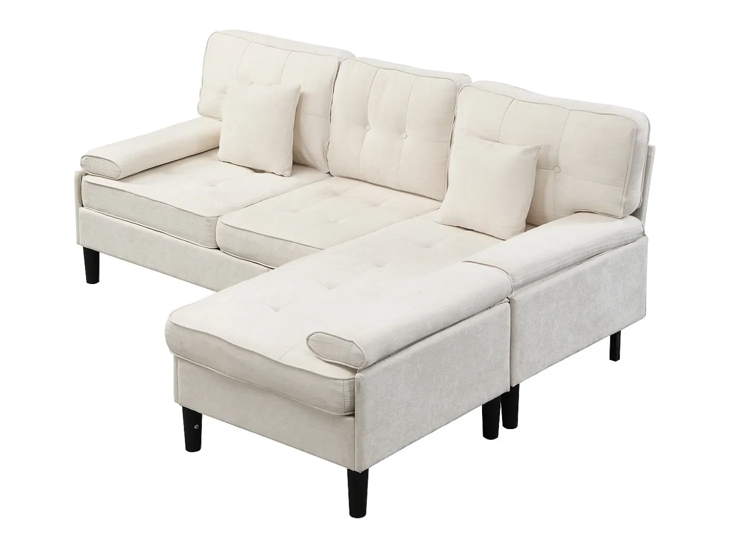 Sofá de esquina en L 3 plazas - con 2 cojines - Pouf removible - Tela chenille - Beige
