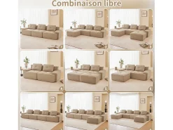 Sofá de Esquina Modular Forma de U en Pana, con 2 otomanas y 3 cojines, 293x177x69cm, Beige