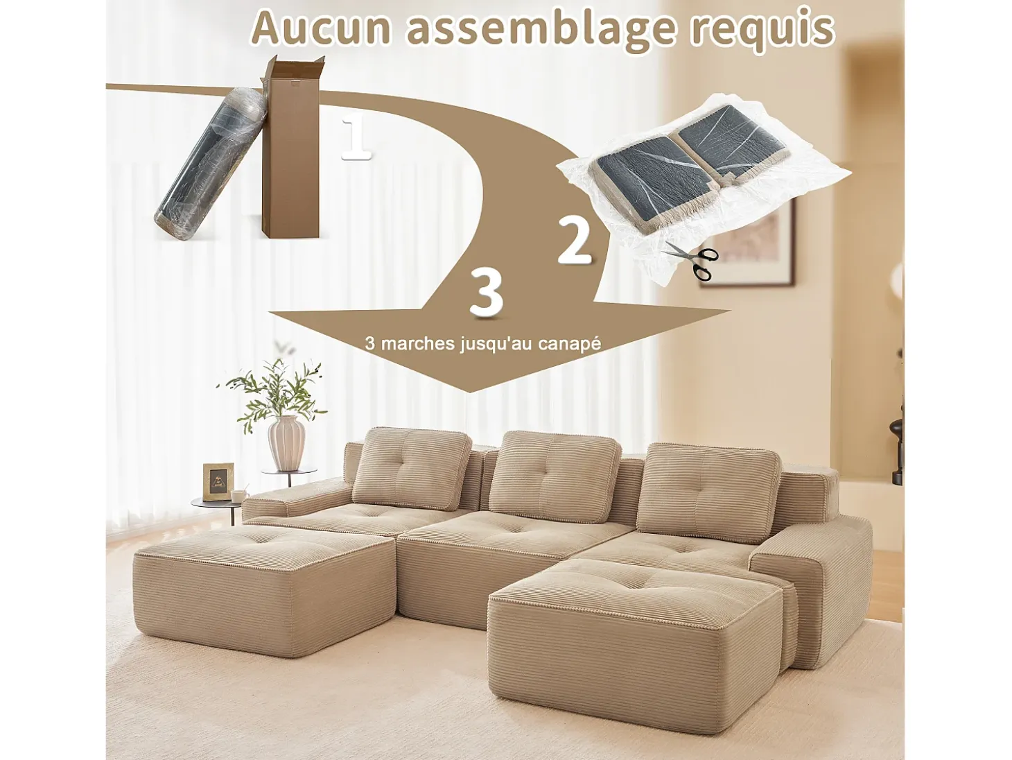 Sofá de Esquina Modular Forma de U en Pana, con 2 otomanas y 3 cojines, 293x177x69cm, Beige