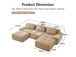 Sofá de Esquina Modular Forma de U en Pana, con 2 otomanas y 3 cojines, 293x177x69cm, Beige