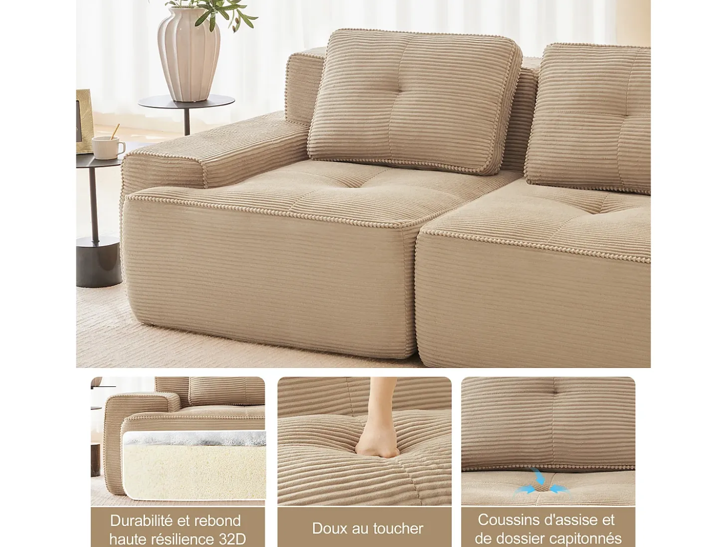 Sofá de Esquina Modular Forma de U en Pana, con 2 otomanas y 3 cojines, 293x177x69cm, Beige
