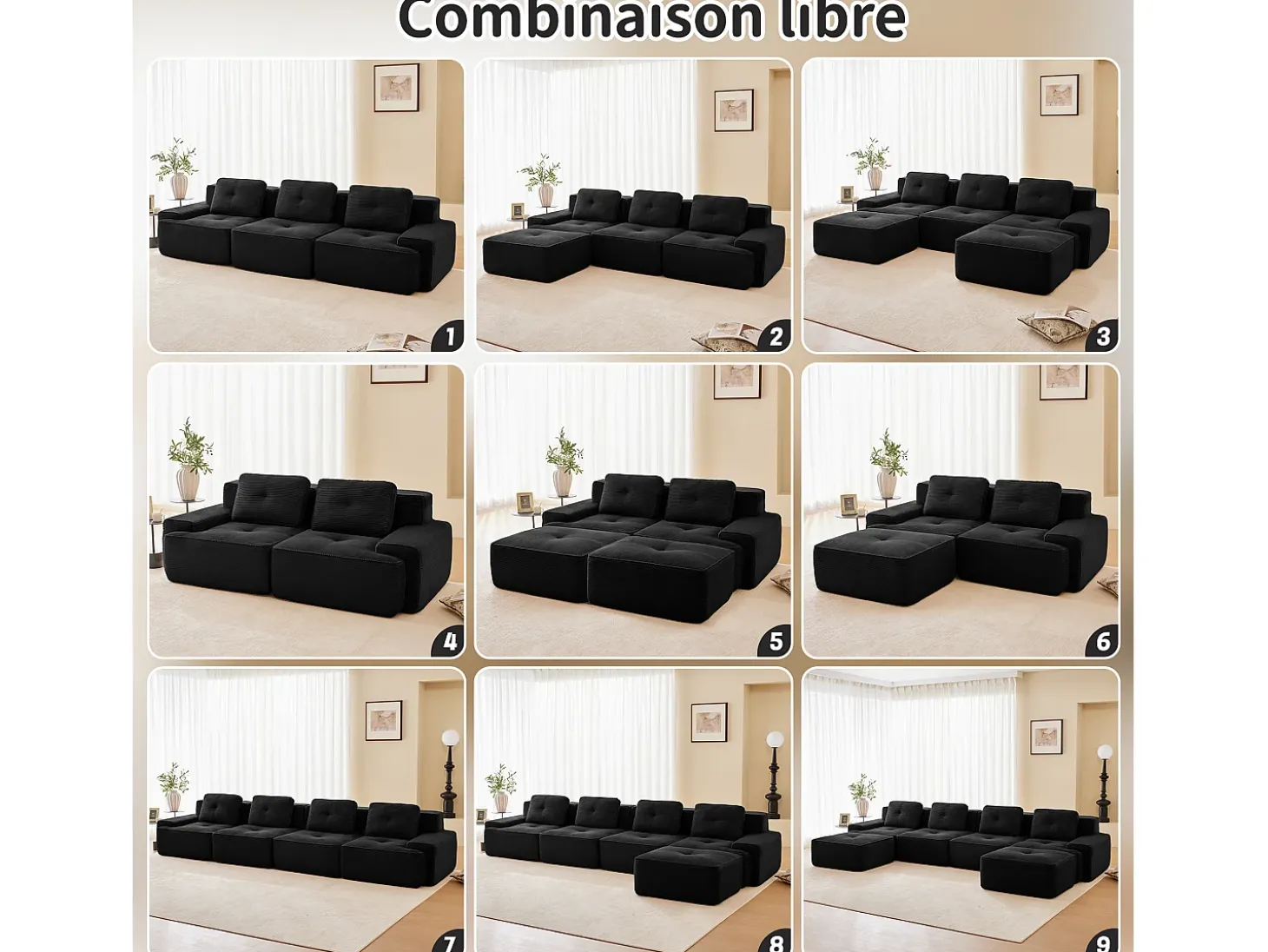Sofá de Esquina Modular Forma de U en Pana, con 2 otomanas y 3 cojines, 293x177x69cm, Negro