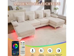 Sofá de esquina panorámico en pana - 4 plazas - con LED RGB y puerto USB+Type-C - 265x135x88cm - Beige