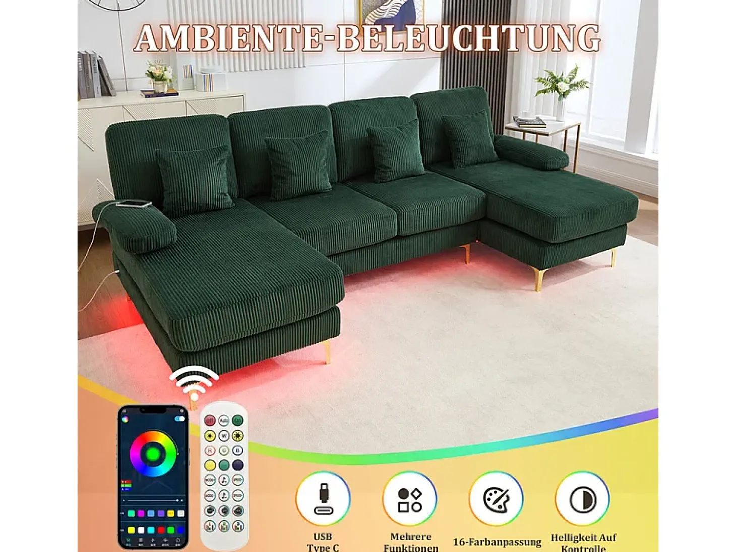 Sofá de esquina panorámico en pana - 4 plazas - con LED RGB y puerto USB+Type-C - 265x135x88cm - Verde