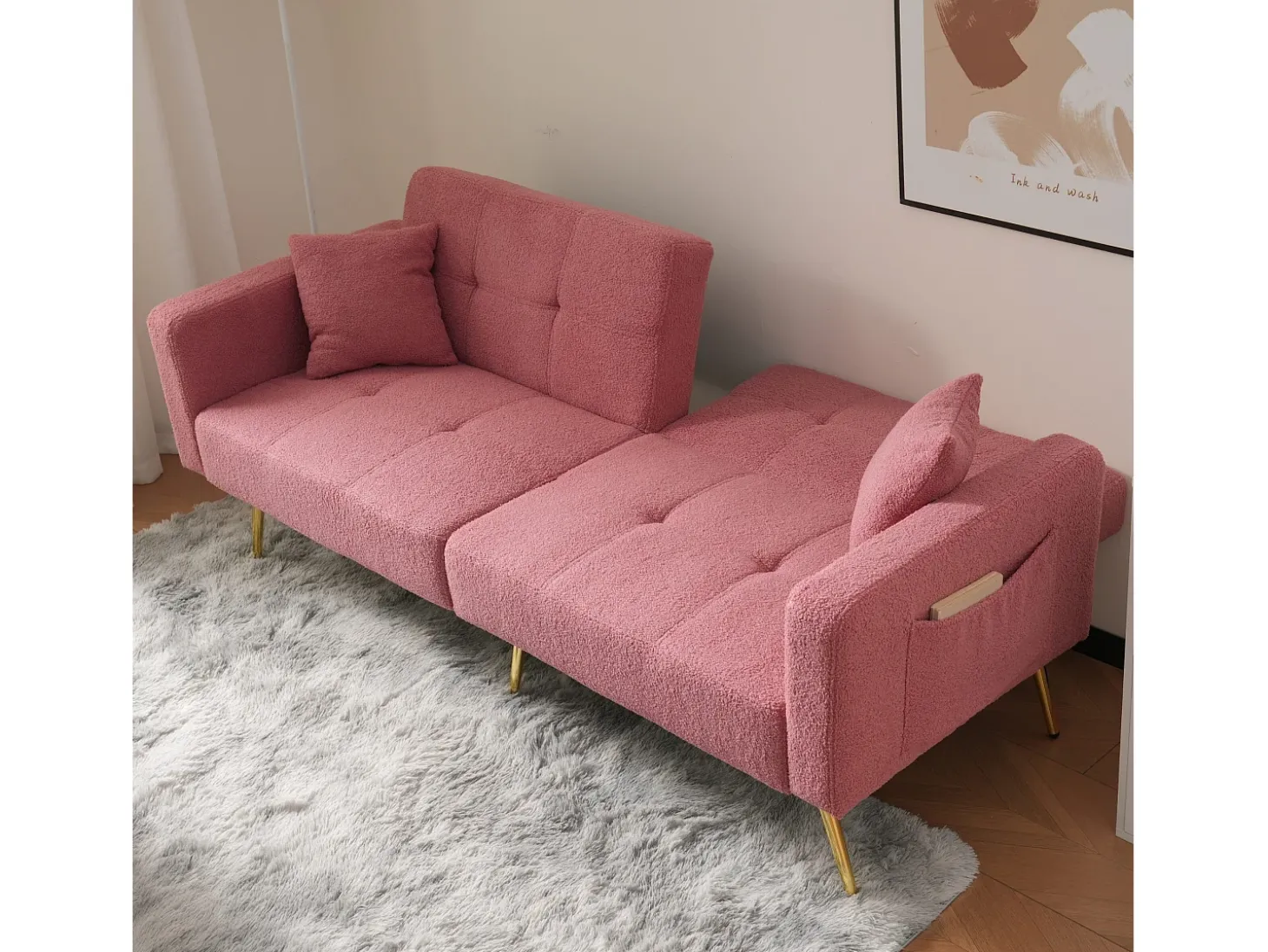 Sofá de salón, sofá de dos plazas de felpa rosa con respaldo acolchado ajustable y patas doradas