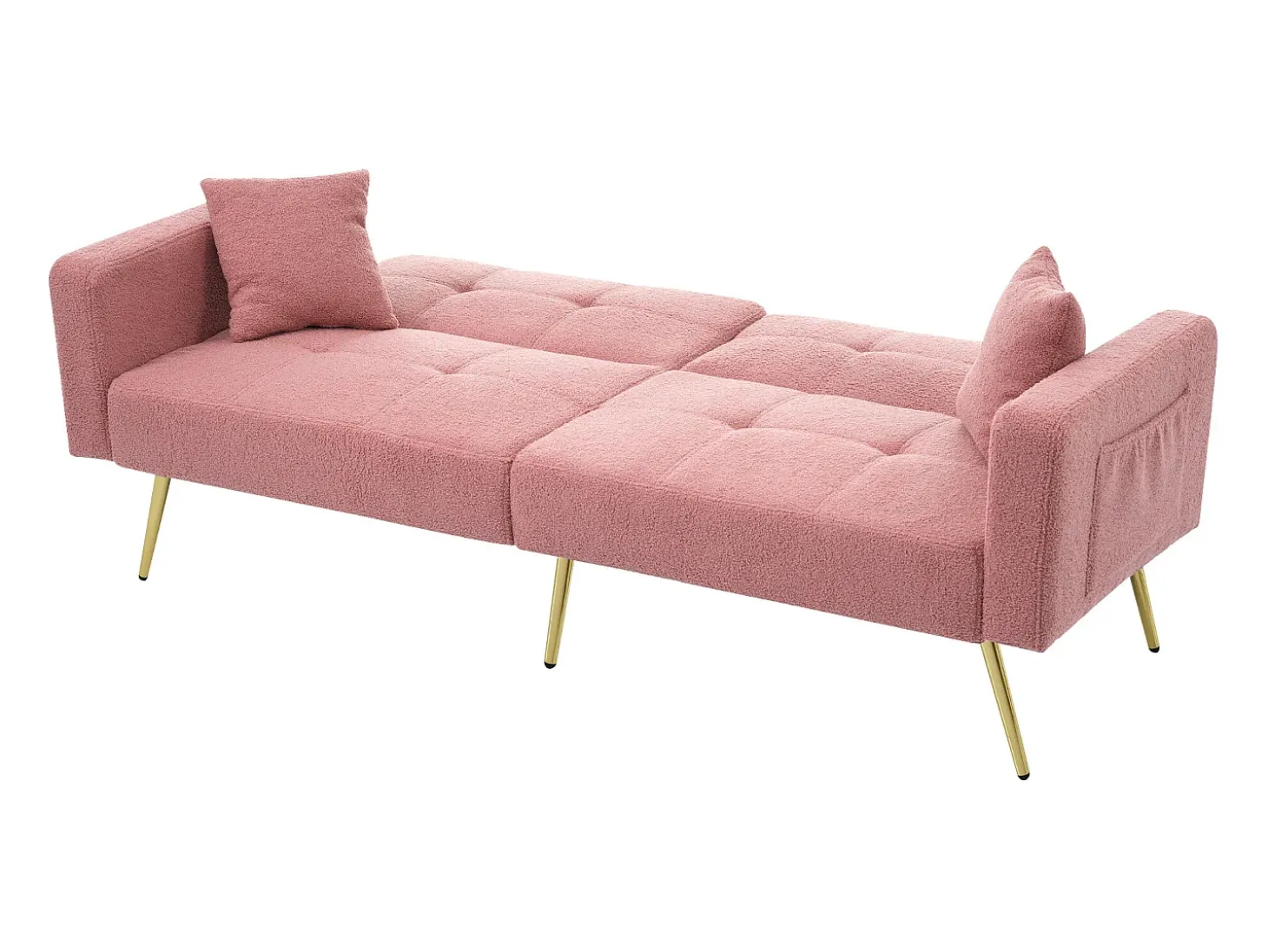 Sofá de salón, sofá de dos plazas de felpa rosa con respaldo acolchado ajustable y patas doradas