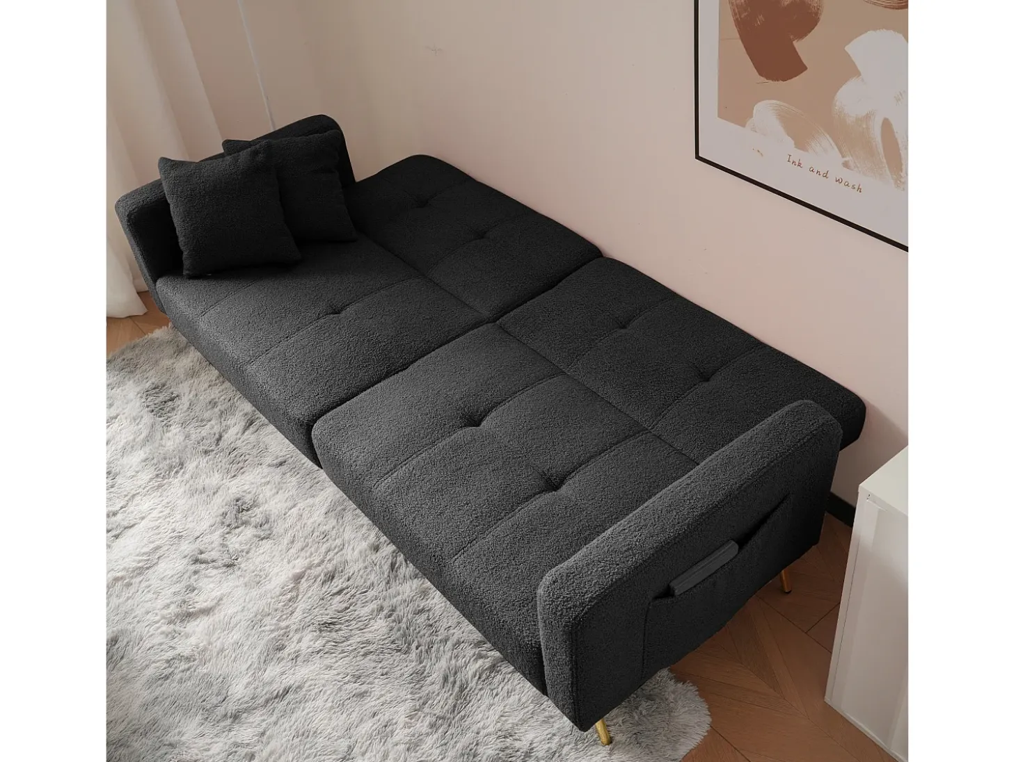 Sofá de salón, sofá de dos plazas de felpa gris oscuro con respaldo acolchado ajustable y patas doradas