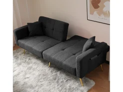 Sofá de salón, sofá de dos plazas de felpa gris oscuro con respaldo acolchado ajustable y patas doradas