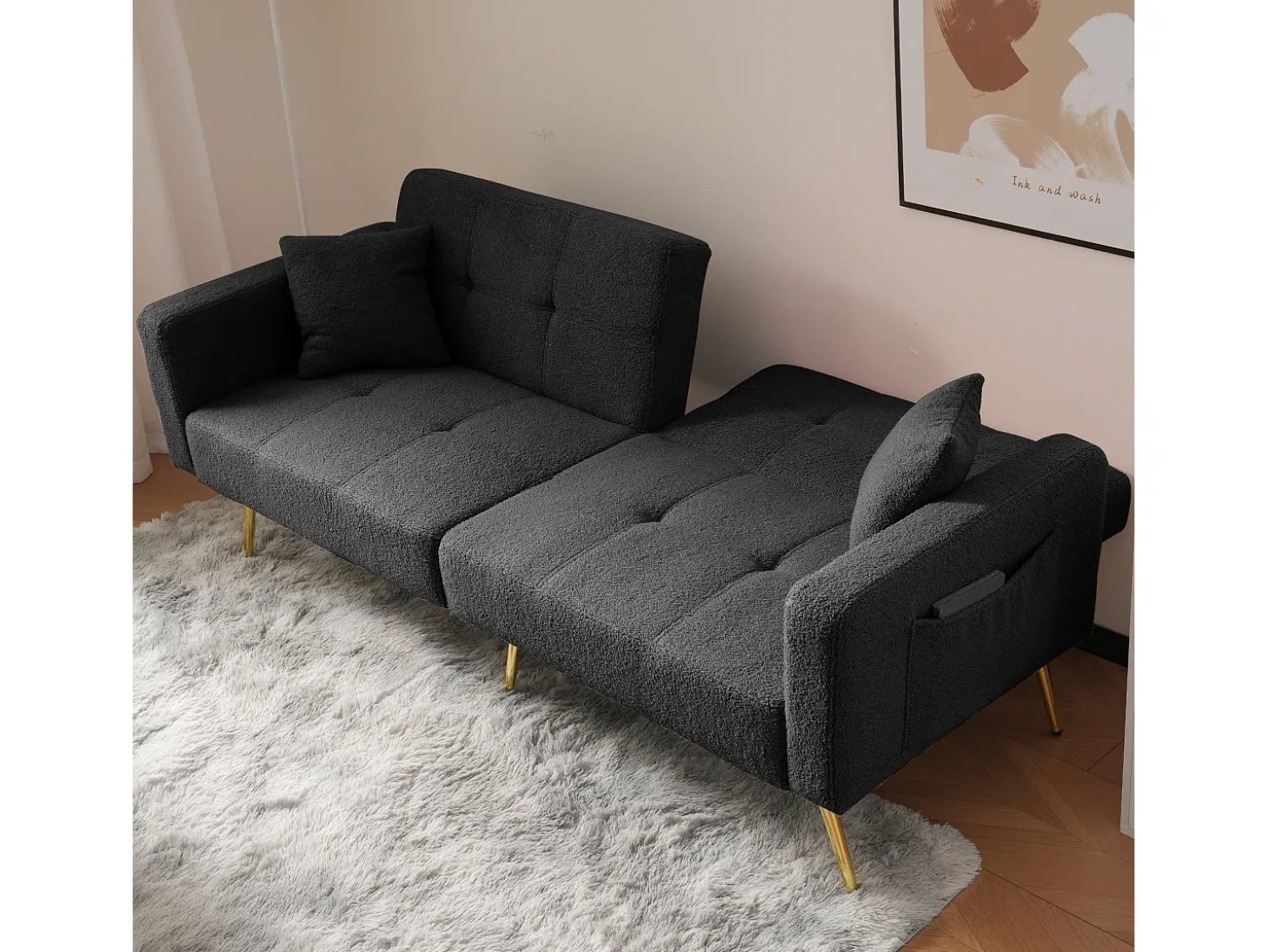 Sofá de salón, sofá de dos plazas de felpa gris oscuro con respaldo acolchado ajustable y patas doradas