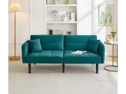 Sofá de salón verde - Sofá con reposabrazos abatibles y 2 cojines - seis patas de madera maciza - para salones y dormitorios