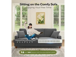 Sofá de terciopelo acanalado de 3 salones, sofá derecha acolchado moderno grande con asientos profundos adicionales de 53 cm - 2 cojines - 220x76x84cm - gris gris