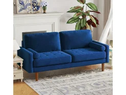Sofá de terciopelo derecho azul y madera maciza - 3 lugares - carga máxima 300 kg - 176x78x85cm