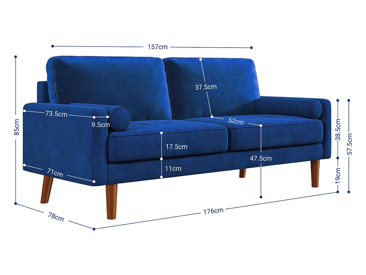 Sofá de terciopelo derecho azul y madera maciza - 3 lugares - carga máxima 300 kg - 176x78x85cm