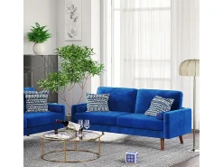 Sofá de terciopelo derecho azul y madera maciza - 3 lugares - carga máxima 300 kg - 176x78x85cm