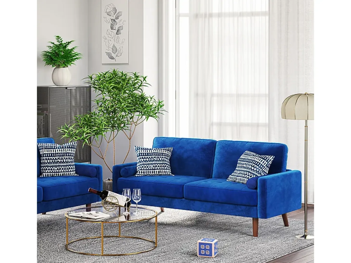 Sofá de terciopelo derecho azul y madera maciza - 3 lugares - carga máxima 300 kg - 176x78x85cm