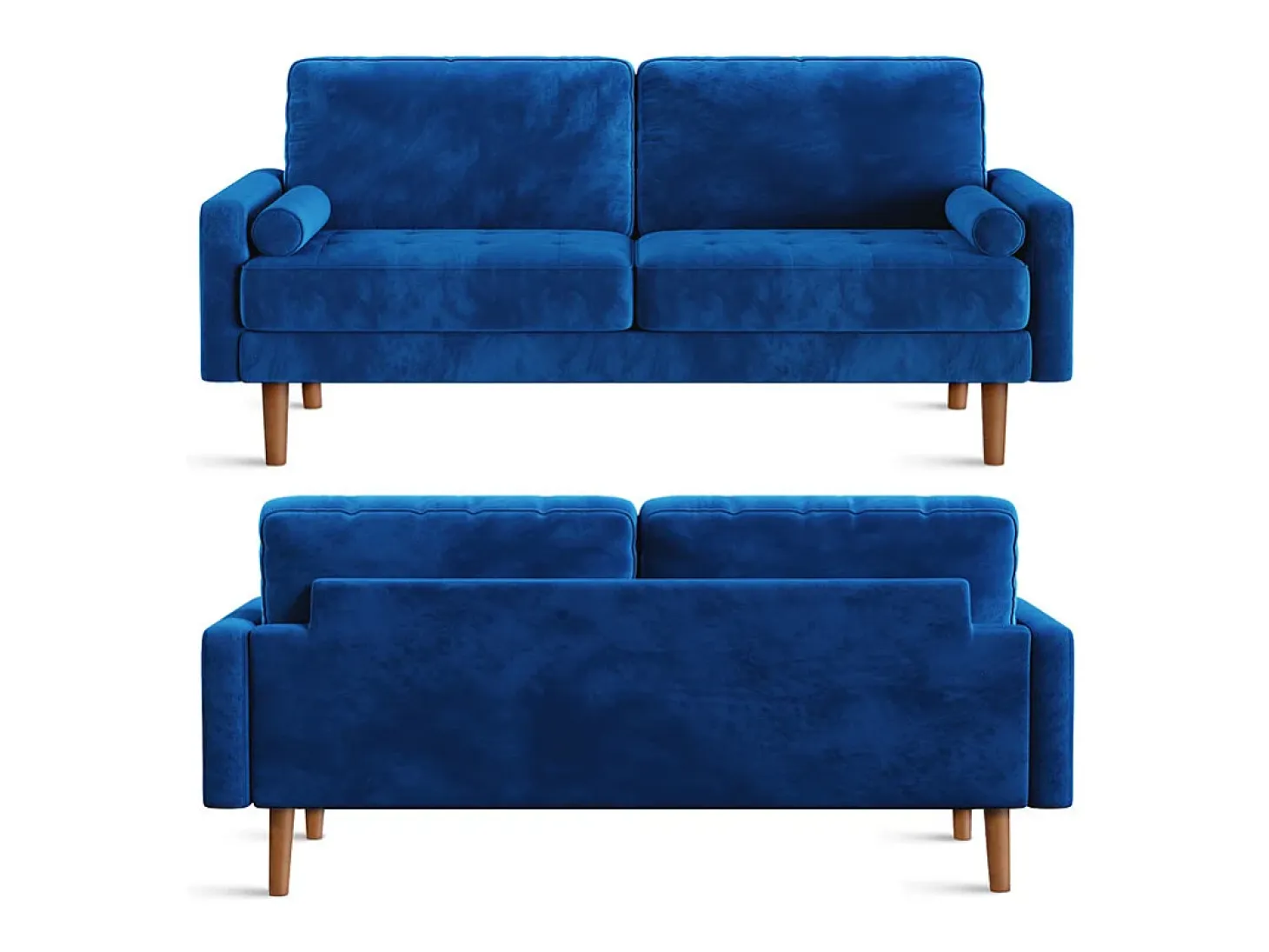Sofá de terciopelo derecho azul y madera maciza - 3 lugares - carga máxima 300 kg - 176x78x85cm