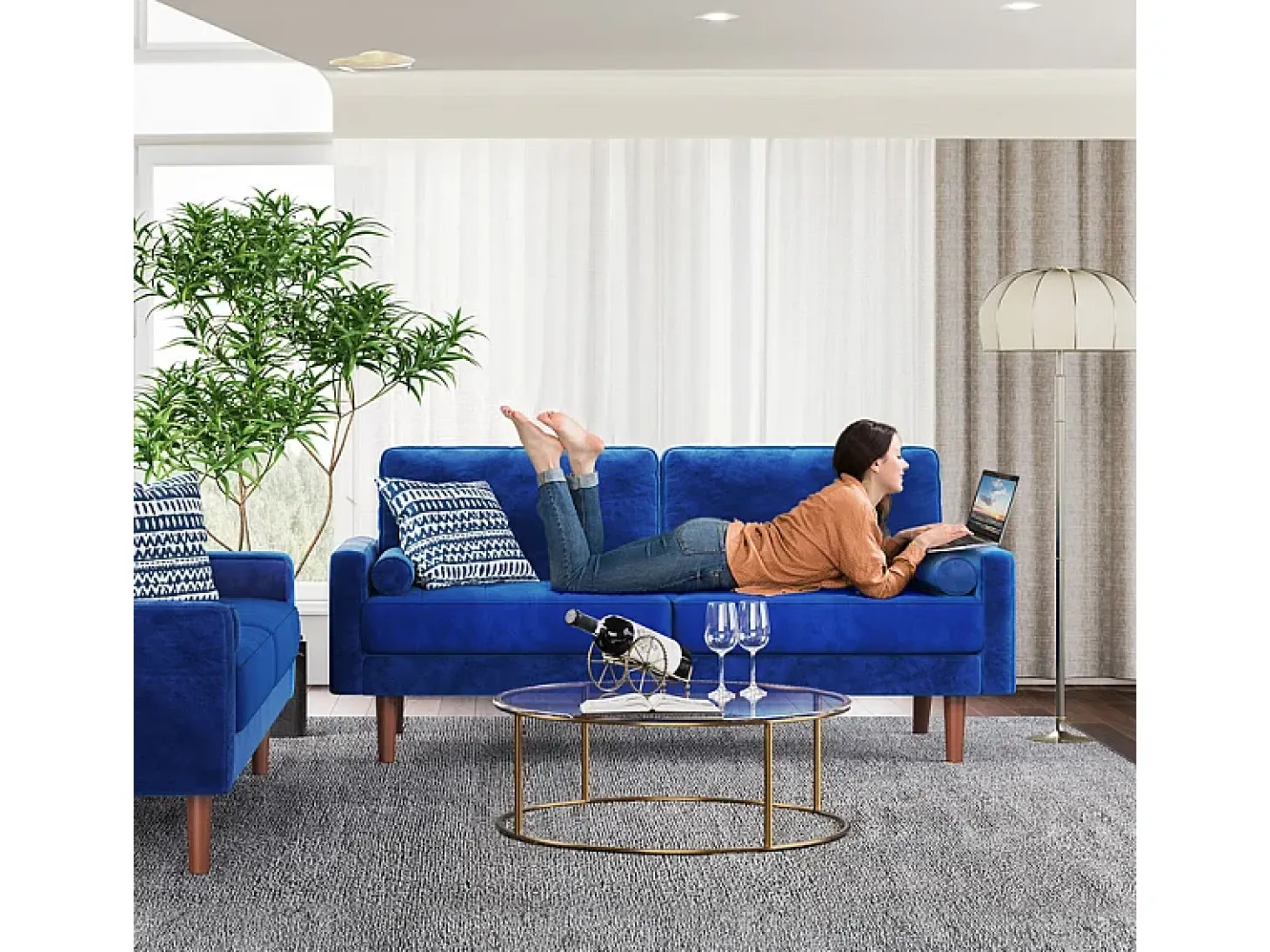 Sofá de terciopelo derecho azul y madera maciza - 3 lugares - carga máxima 300 kg - 176x78x85cm