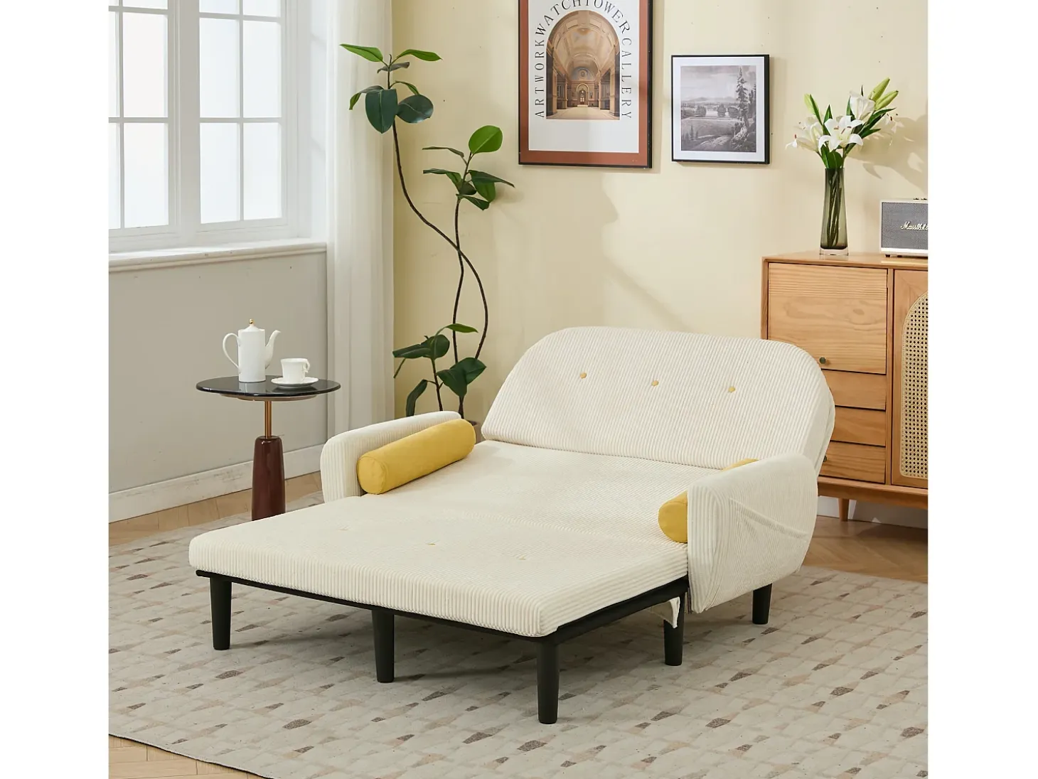 Sofá doble de pana, sillón relax con espacio de almacenamiento, color marfil