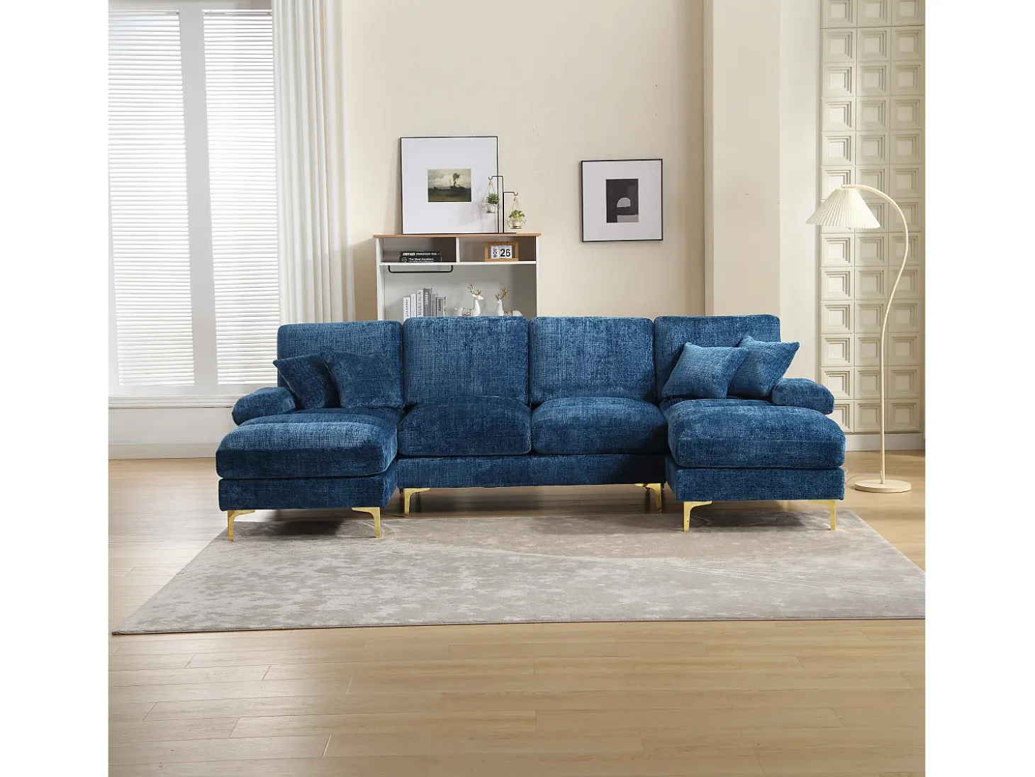 Sofá en forma de U de chenilla azul, tapizado con cojines y cojines decorativos - para salón y dormitorio
