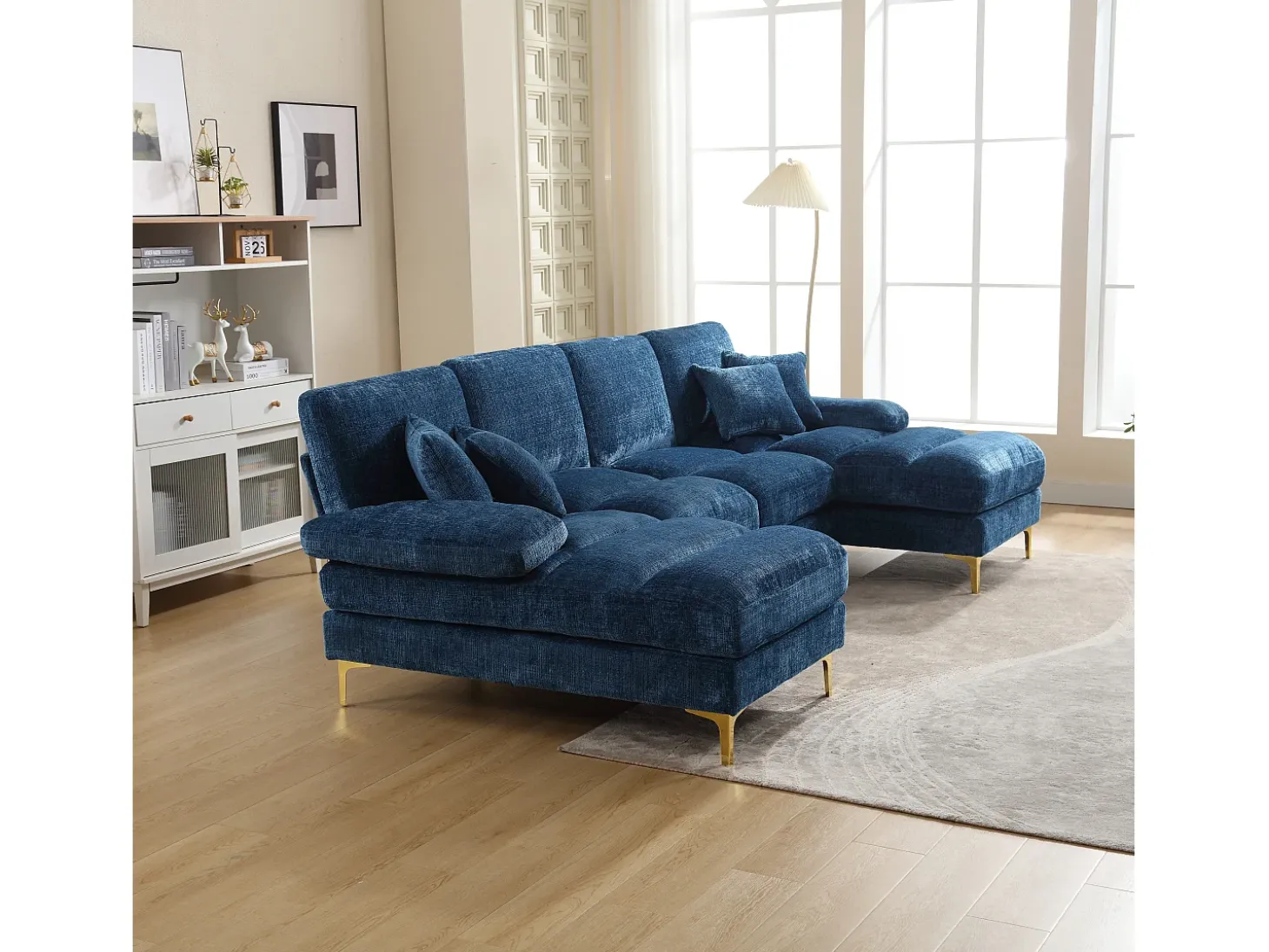 Sofá en forma de U de chenilla azul, tapizado con cojines y cojines decorativos - para salón y dormitorio