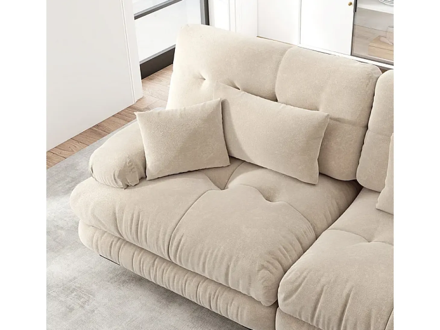 Sofá esquina 2 plazas + 2 poufs - con 4 cojines - tejido felpa beige - 220x145x81cm