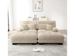 Sofá esquina 2 plazas + 2 poufs - con 4 cojines - tejido felpa beige - 220x145x81cm