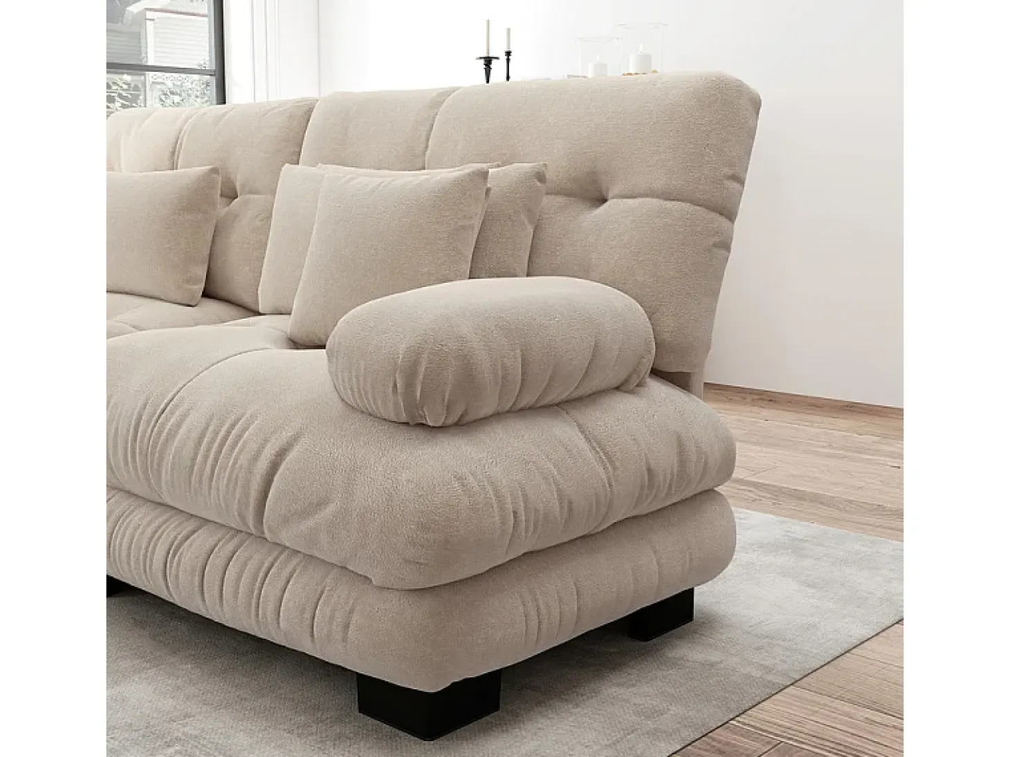 Sofá esquina 2 plazas + 2 poufs - con 4 cojines - tejido felpa beige - 220x145x81cm