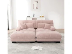 Sofá esquina 2 plazas + 2 poufs - con 4 cojines - tejido felpa rosa - 220x145x81cm
