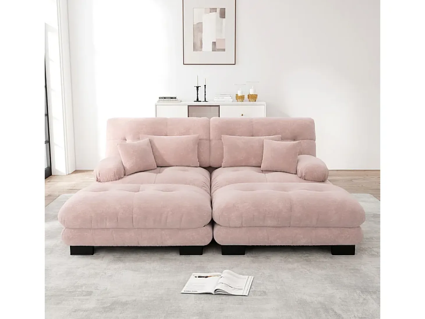 Sofá esquina 2 plazas + 2 poufs - con 4 cojines - tejido felpa rosa - 220x145x81cm