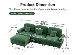 Sofá Esquina Modular 3 Plazas Chenille - Funda Extraíble y Puf Móvil - 272x140x93cm - Verde