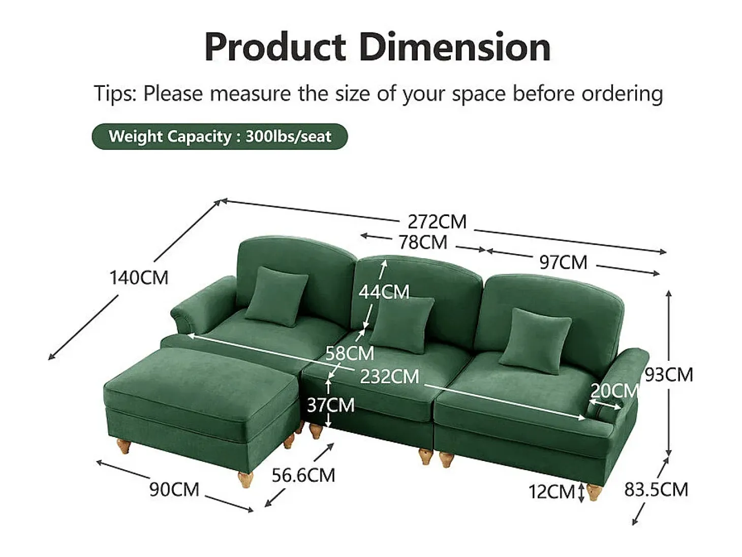 Sofá Esquina Modular 3 Plazas Chenille - Funda Extraíble y Puf Móvil - 272x140x93cm - Verde