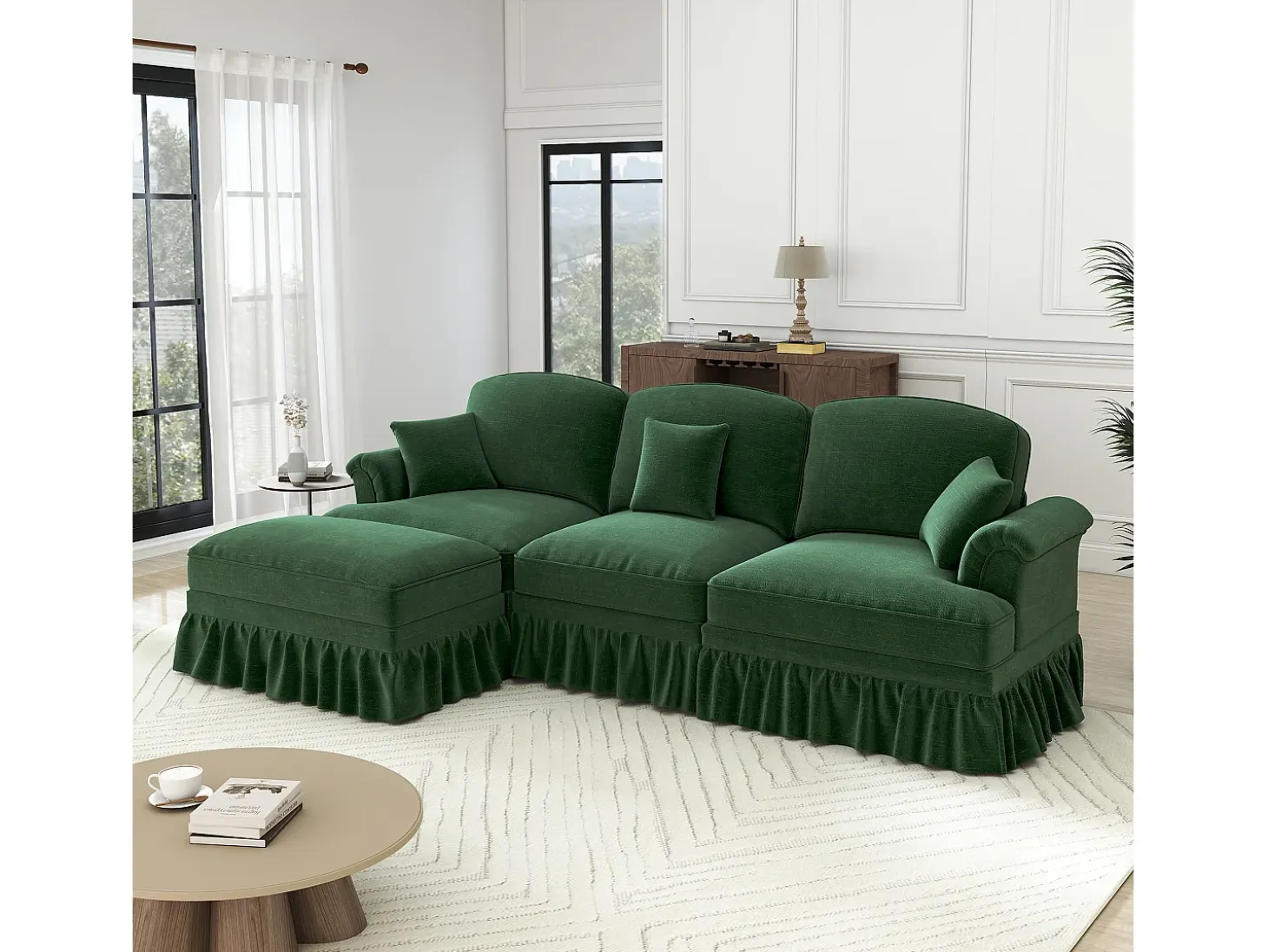 Sofá Esquina Modular 3 Plazas Chenille - Funda Extraíble y Puf Móvil - 272x140x93cm - Verde