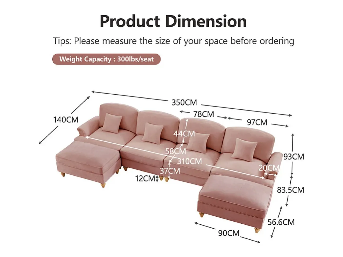 Sofá Esquina Modular 4 Plazas en U - Chenille - Funda Extraíble y 2 Pufs - 350x140x93cm - Rosa
