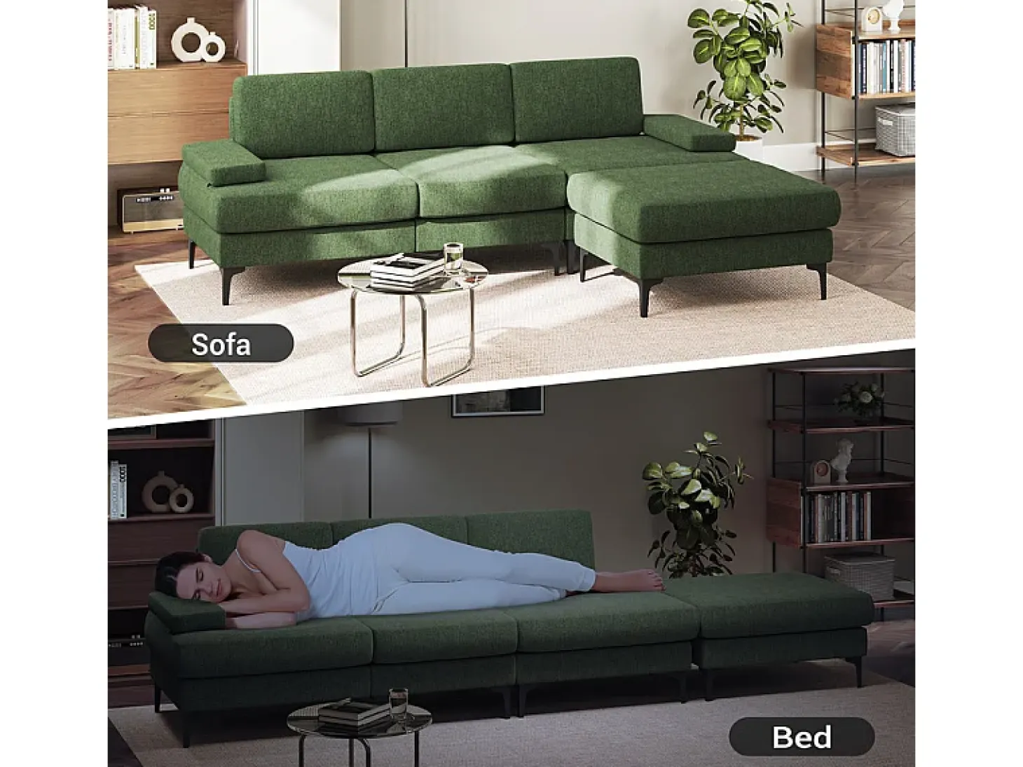 Sofá Esquinero 3 Plazas en Chenilla - con Puff - Carga Máx. 650kg - 244x146x83cm - Verde