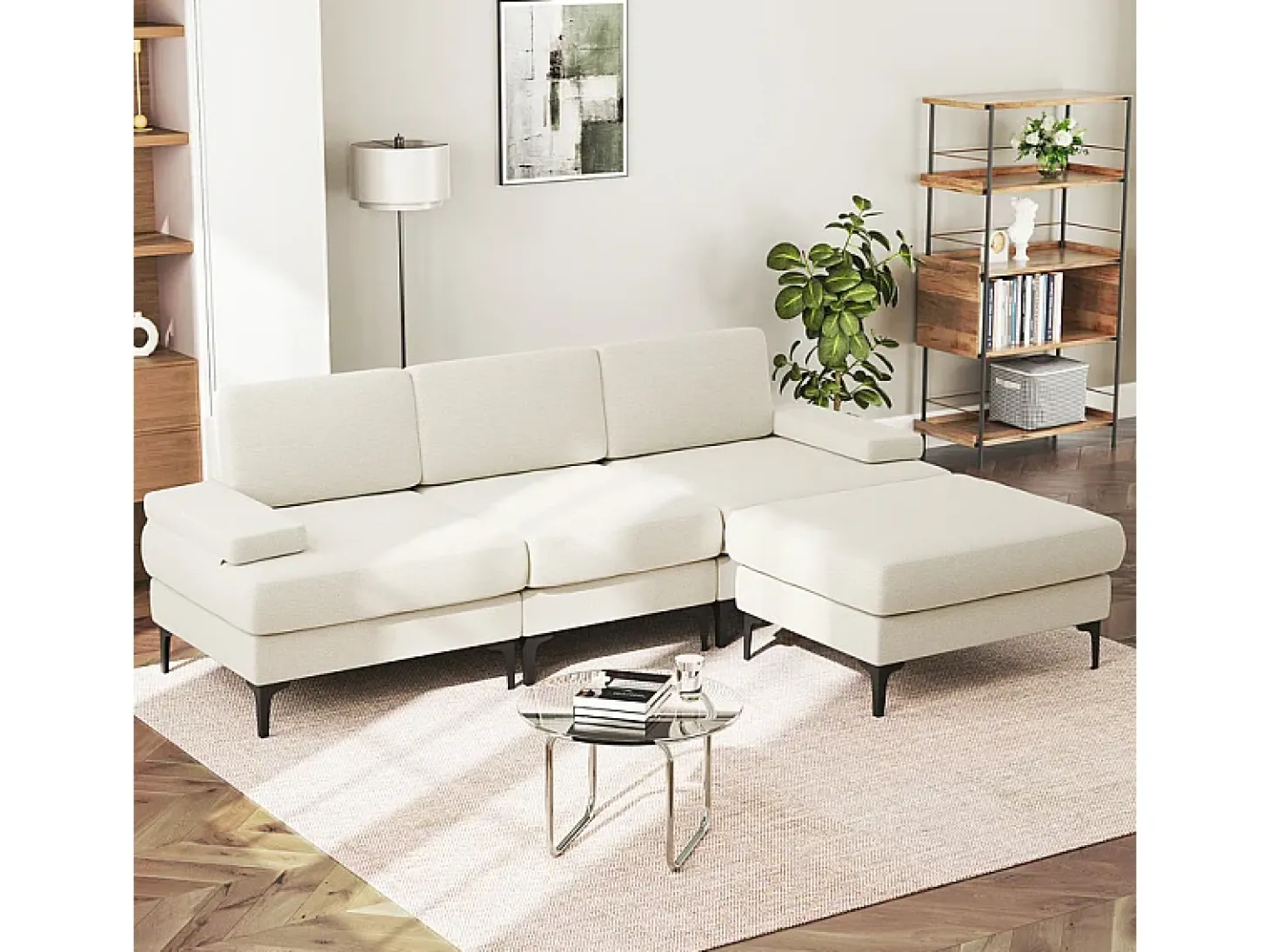 Sofá Esquinero 3 Plazas en Chenilla - con Puff - Carga Máx. 650kg - 244x146x83cm - Beige