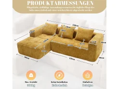 Sofá esquinero amarillo - Sofá recto con bolsillos de almacenamiento y 3 cojines - con chaise longue y reposabrazos