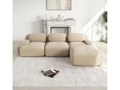 Sofá esquinero beige - Sofá de 3 plazas con reposabrazos curvos y cojines decorativos - pana