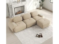 Sofá esquinero beige - Sofá de 3 plazas con reposabrazos curvos y cojines decorativos - pana
