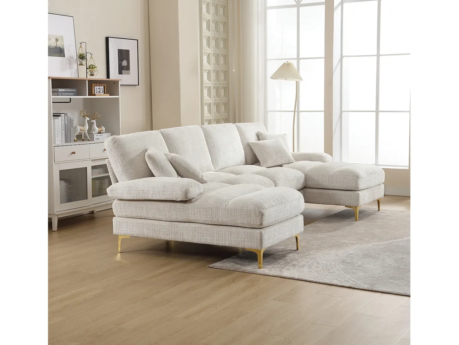 Sofá esquinero beige - Sofá de 4 plazas con asientos y cojines - para salón y dormitorio