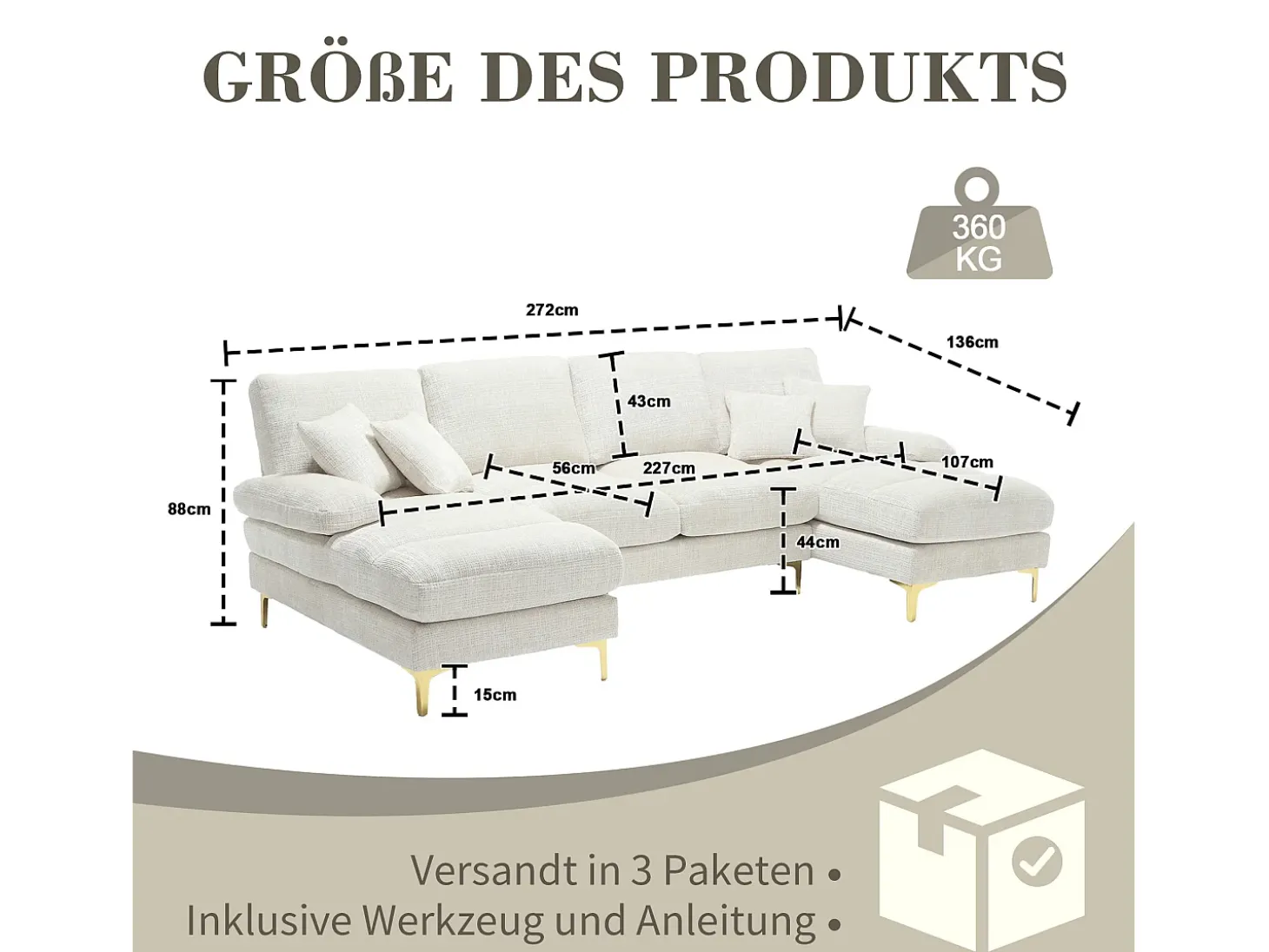 Sofá esquinero beige - Sofá de 4 plazas con asientos y cojines - para salón y dormitorio