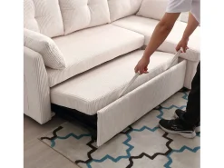 Sofá esquinero convertible de felpa beige con espacio de almacenamiento y chaise longue extraíble - para sala de estar o estudio