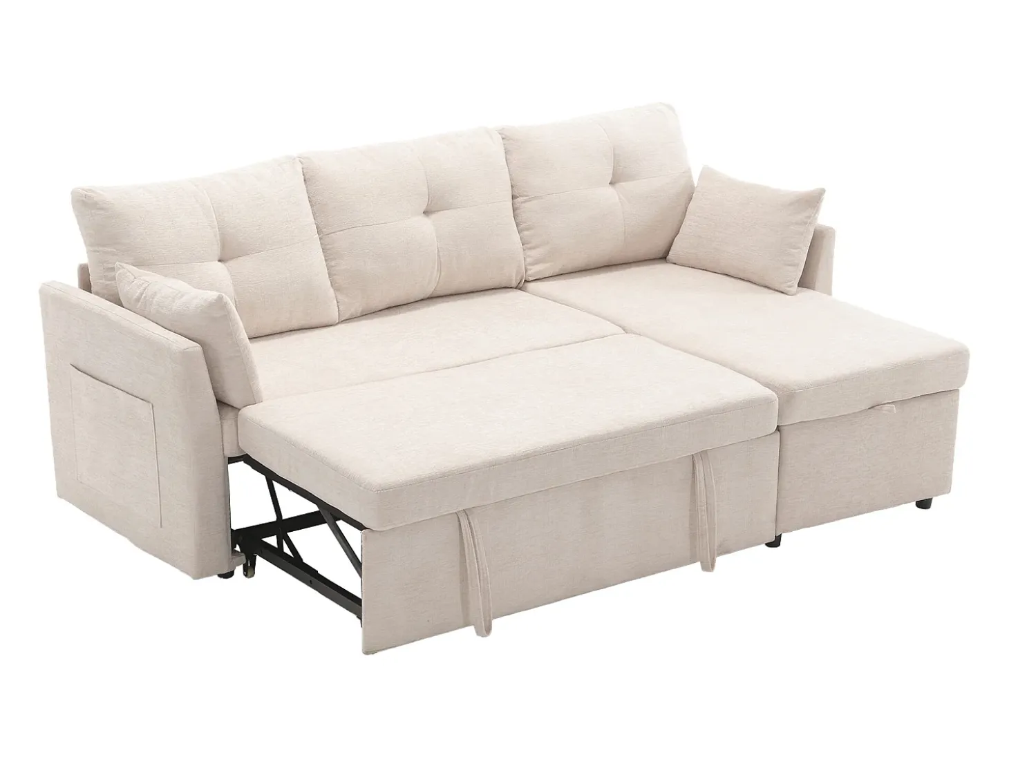 Sofá esquinero convertible de felpa beige con espacio de almacenamiento y chaise longue extraíble - para sala de estar o estudio