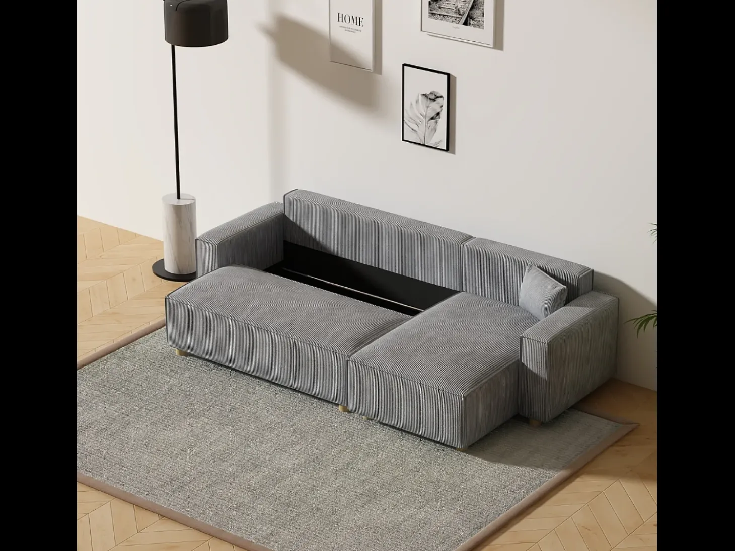 Sofá esquinero convertible en pana gris claro COSY